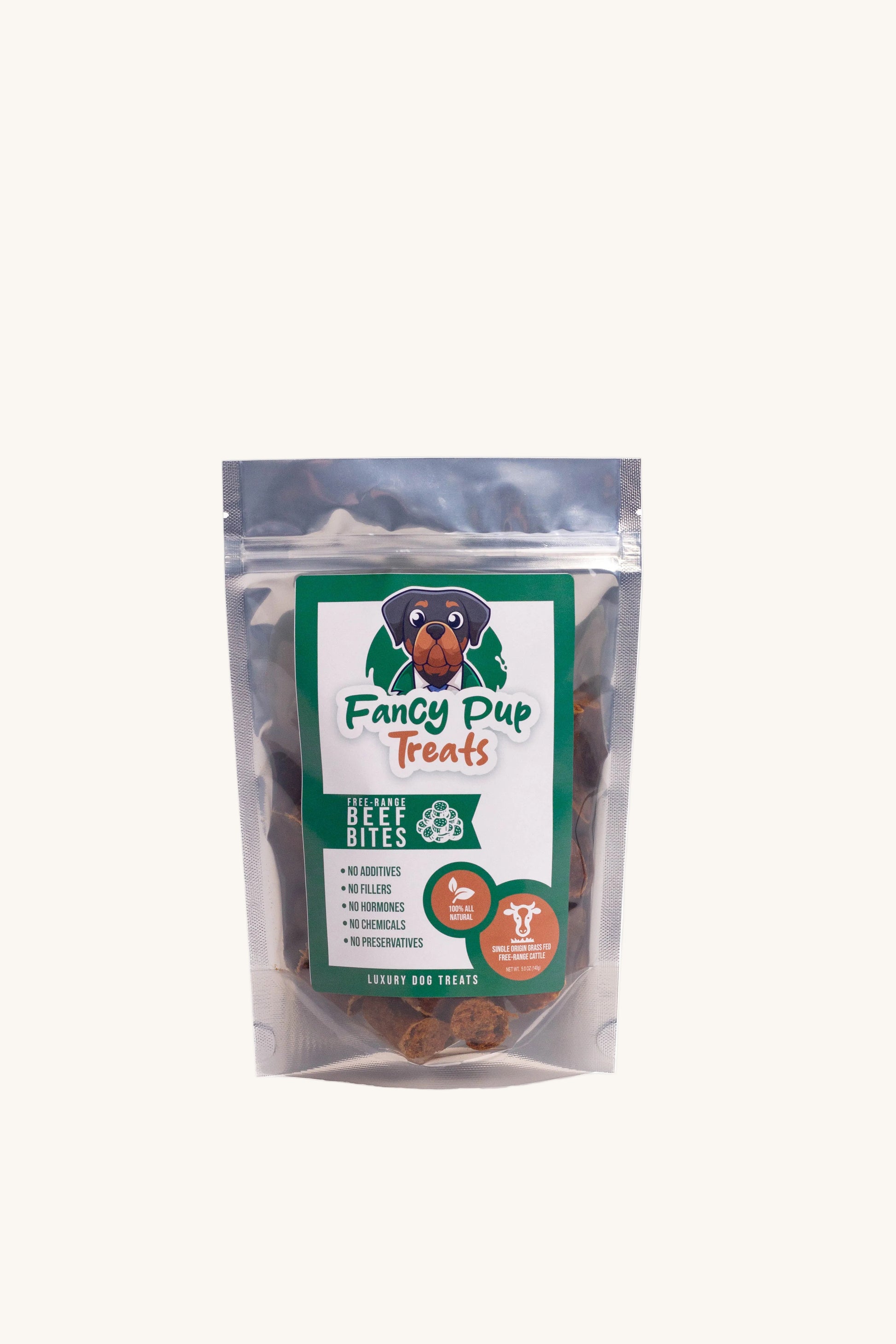 Package of Fancy Pup Treats Beef Bites on a white background