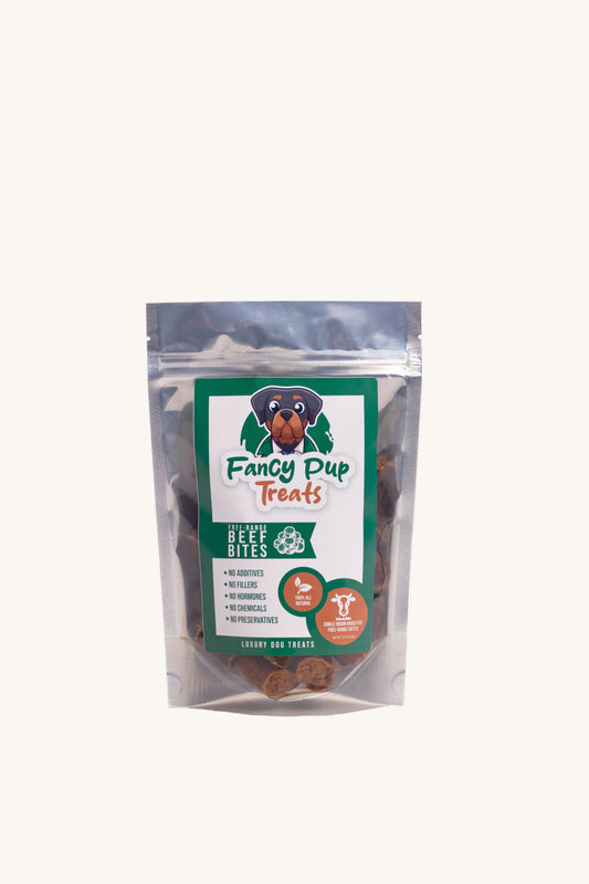 Package of Fancy Pup Treats Beef Bites on a white background